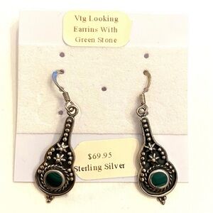 Vintage Style Silver Earrings with Green Stone